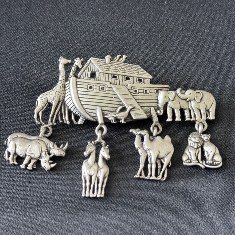 Silver Toned Noah's Ark Brooch with Animal Charms